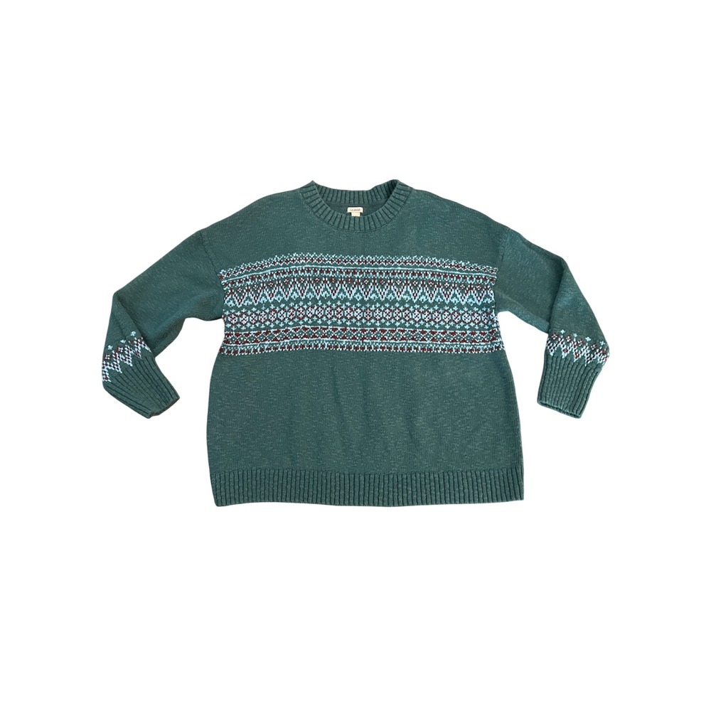 LL Bean Womens 3X Plus Teal Green Cotton Fair Isle Crewneck Sweater 521032